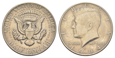 США 1/2 доллара (50 центов) 1984 D, Джон Кеннеди KM A202b медь плакированная медно-никелем aUNC 4367-941