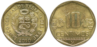 Перу 10 сентимо 2010 KM 305.4 латунь aUNC 4605-637