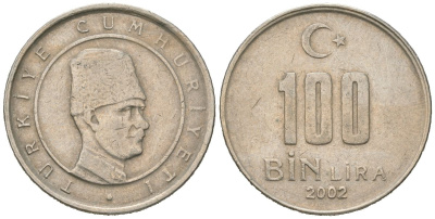 Турция 100000 лир 2002 Мустафа Кемаль Ататюрк KM 1106 медь цинк никель 4618-854