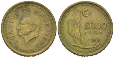 Турция 5000 лир 1998 Мустафа Кемаль Ататюрк KM 1029.1 латунь 4618-429