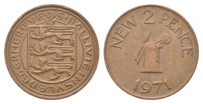 Гернси 2 новых пенса 1971 Елизавета II (1952-2022), ветряная мельница KM 22 бронза 4703-1145