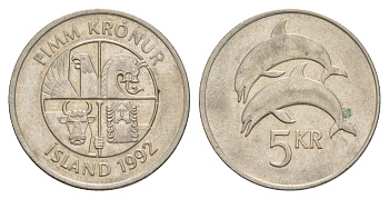 Исландия 5 крон 1992 дельфины KM 28 медно-никель aUNC 4635-131