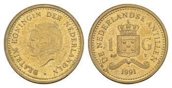Нидерландские Антильские острова (Нидерландские Антилы) 1 гульден 1991 Беатрикс (1980-2013) KM 37 сталь плакированная бронзой 4646-647