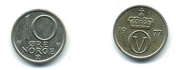Норвегия 10 эре 1977 Улаф V (1957-1991) KM 416 медно-никель 4364-937