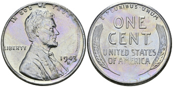 США 1 цент 1943 S (Сан-Франциско), Авраам Линкольн KM 132 a сталь плакированная цинком 96-1164
