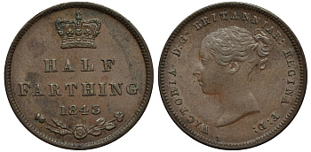 Великобритания 1/2 фартинга 1843 Виктория (1837-1901) KM 738, Spink 3951 медь 1524-124