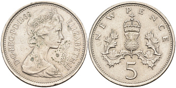 Великобритания 5 пенсов 1969 Елизавета II (1952-2022) KM 911, Spink 4233 (D1) медно-никель    4150-425