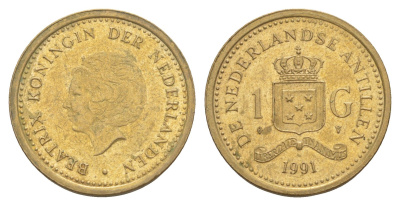 Нидерландские Антильские острова (Нидерландские Антилы) 1 гульден 1991 Беатрикс (1980-2013) KM 37 сталь плакированная бронзой 4646-647