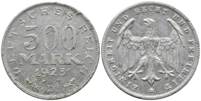 ГЕРМАНИЯ 500 МАРОК 1923 D KM 36, J. 305 алюминий 38-323