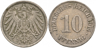 ГЕРМАНИЯ 10 ПФЕННИГОВ 1914 A KM 12, J. 13 медно-никель 73-1437