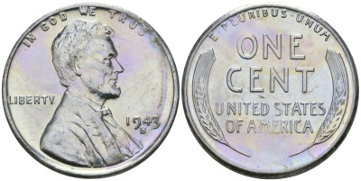 США 1 цент 1943 S (Сан-Франциско), Авраам Линкольн KM 132 a сталь плакированная цинком 96-1164
