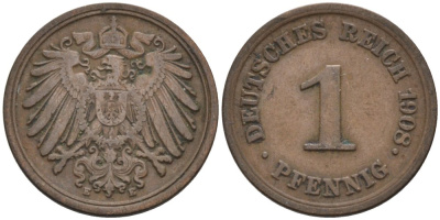 Германия 1 пфенниг 1908 E KM 10, J. 10 медь 4567-1262