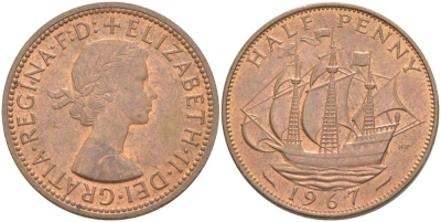 Великобритания 1/2 пенни 1967 Елизавета II (1952-2022) KM 896, Spink 4158 бронза 4544-155