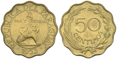 Парагвай 50 сентимо 1953 лев, фригийский колпак на шесте KM 28 алюминиевая бронза  aUNC  4176-1121