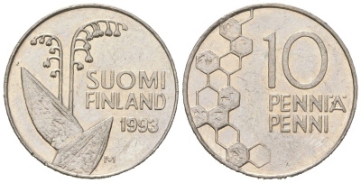 Финляндия 10 пенни 1993 KM 65 медно-никель UNC 4618-516