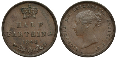 Великобритания 1/2 фартинга 1843 Виктория (1837-1901) KM 738, Spink 3951 медь 1524-124