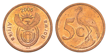ЮАР 5 центов 2006 герб, райский журавль KM 486 сталь плакированная медью UNC 4621-669