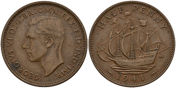 Великобритания 1/2 пенни 1941 Георг VI (1936-1952) KM 844, Spink 4115 бронза 4159-746
