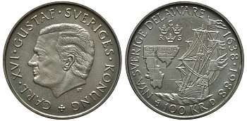 Швеция 100 крон 1988 Карл XVI Густав (1973- ), 350 лет шведской колонии Делавере KM 867.1 серебро BUNC 4111-1222