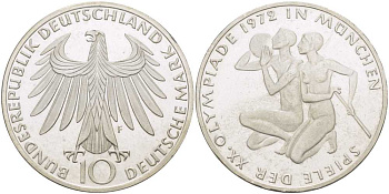 ФРГ 10 марок 1972 F, XX летние Олимпийские Игры, Мюнхен 1972, спортсмены KM 132, J.403 серебро UNC 180-1113