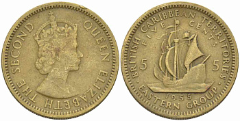 Британские Восточно-Карибские территории 5 центов 1955 Елизавета II (1952-2022), парусник KM 4 никель латунь 108-1123