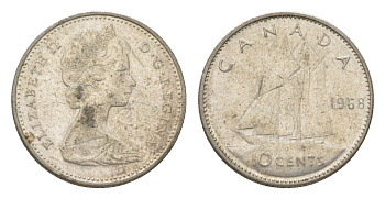 Канада 10 центов 1968 Елизавета II (1952-2022), парусник KM 72 серебро 4623-959