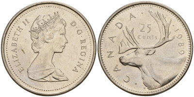 Канада 25 центов 1989 Елизавета II (1952-), олень, второй портрет в короне KM 74 медно-никель 4187-1143