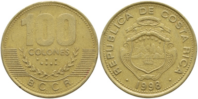 Коста-Рика 100 колон 1998 B.C.C.R. KM 230а латунь 71-1122