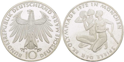 ФРГ 10 марок 1972 F, XX летние Олимпийские Игры, Мюнхен 1972, спортсмены KM 132, J.403 серебро UNC 180-1113