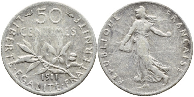 ФРАНЦИЯ 50 САНТИМОВ 1911 ТИП СЕЯТЕЛЬ KM 854, LE FRANC 190.18 серебро F 4178-317