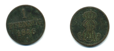 Ганновер 1 пфенниг 1846 B, Эрнст Август (1837-1851) KM 201.1, AKS 129, J. 74 медь 35-823