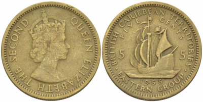 Британские Восточно-Карибские территории 5 центов 1955 Елизавета II (1952-2022), парусник KM 4 никель латунь 108-1123