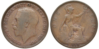Великобритания 1 пенни 1919 Георг V (1910-1936) KM 810, Spink 4051 бронза 4123-1111