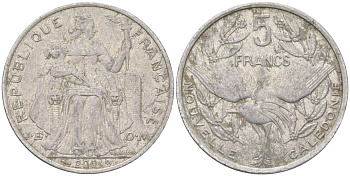 Французская Новая Каледония 5 франков 2001 птица кагу, (IEOM) KM 16, Schoen 12, Lec 81f алюминий 189-523