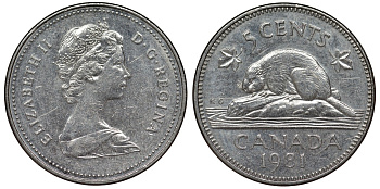 Канада 5 центов 1981 Елизавета II (1952-2022), бобер KM 60.2 никель 4128-554