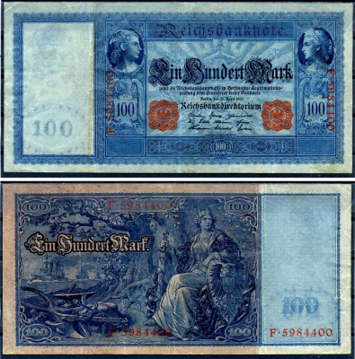 Германия 100 марок 1910 21 апреля 1910, красная печать, Меркурий и Церера, голубая бумага Pick 42 (2) бумага 2194-33-2-2