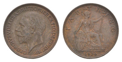 Великобритания 1 фартинг 1936 Георг V (1910-1936) KM 825, Spink 4061 бронза 3718-233