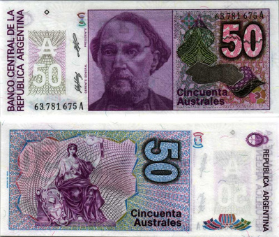АРГЕНТИНА 50 АУСТРАЛЕЙ 1989 СЕРИЯ A 63781, БАРТОЛОМЕ МИТРЕ, АРГЕНТИНСКИЙ ПОЛИТИК, ПОЛКОВОДЕЦ Pick 326b, Bottero 2832 бумага UNC (ПРЕСС) 6352-25-3-2