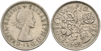 Великобритания 6 пенсов 1959 Елизавета II (1952-2022) KM 903, Spink 4149 медно-никель 4585-913