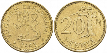 ФИНЛЯНДИЯ 20 ПЕННИ 1981 K KM 47 алюминиевая бронза 3718-514