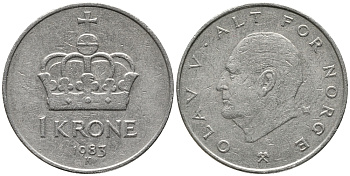 НОРВЕГИЯ 1 КРОНА 1983 ОЛАВ V (1957-1991) KM 419 медно-никель 28-947