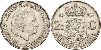 Нидерланды 2 1/2 гульдена 1959 Юлиана (1948-1980) KM 185 серебро 4131-1122