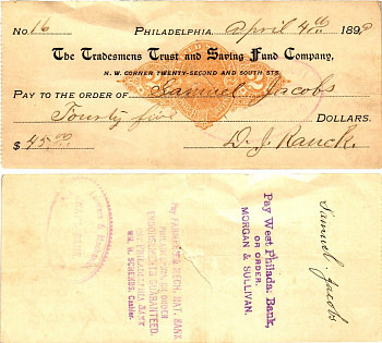 США чек на 45 долларов 1899 Филадельфия бумага 2196-49-1-2