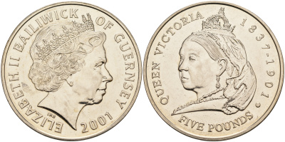Гернси 5 фунтов 2001 100 лет со дня смерти королевы Виктории KM 106 медно-никель 4558-113