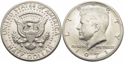 США 1/2 доллара (50 центов) 1971 D, Джон Кеннеди KM 202b медь плакированная медно-никелем 72-126