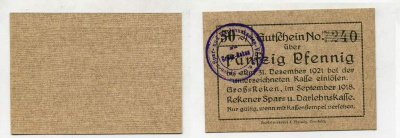 Германия, Рекен 50 пфеннигов 1918 нотгельд, до 31 декабря 1921 Tieste 2580/15  бумага  UNC (пресс) 8614-40-2-1