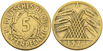 Германия 5 рентенпфеннигов 1924 A KM 32, J. 308 алюминиевая бронза 4151-649