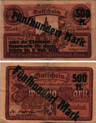 Гера 500 марок 1922 нотгельд, 25 сентября 1922, черная диагональная надпечатка 8 ноября 1922, на 20 марках 1 февраля 1919, земля Тюрингия Muller 1655.3b бумага 6318-31-2-2