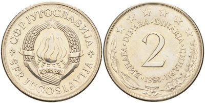 Югославия 2 динара 1980 KM 57 медь никель цинк UNC 4582-957
