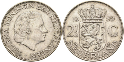 Нидерланды 2 1/2 гульдена 1959 Юлиана (1948-1980) KM 185 серебро 4131-1122